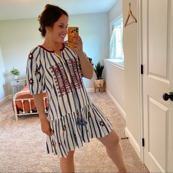 FIGUE Red White Blue Embroidered Puff Sleeve Mini Dress Medium M - Picture 2 of 14